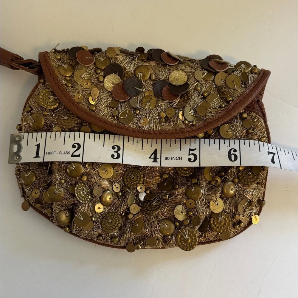 GOLD SEQUIN BEADED WRISTLET WITH BROWN LEATHER NO BRAND TAG MADE IN INDIA